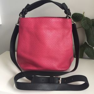 Prune Pink Perforated Leather Crossbody Bag with Black Strap